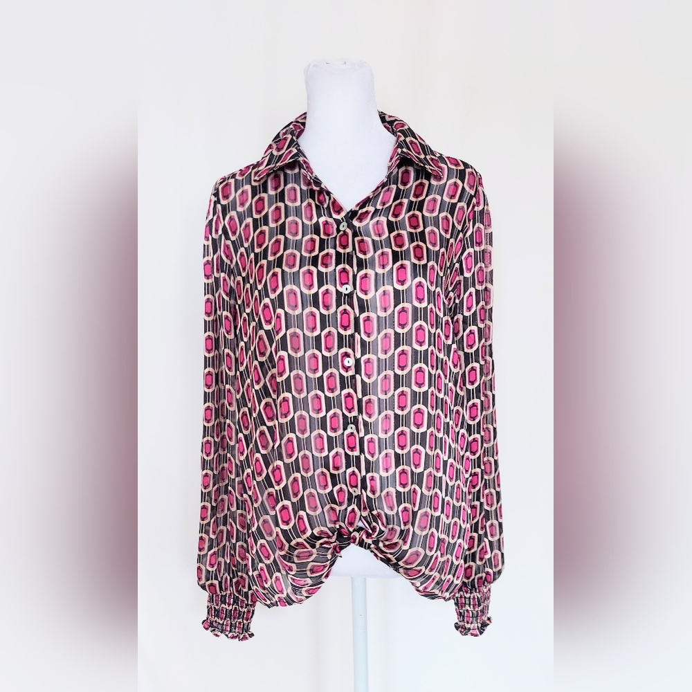 Haver London Tie Waist Button Down Shirt  Size Small Geometric Print NWT